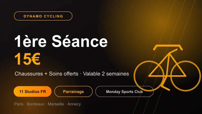 Code promo Dynamo Cycling : 1ère séance à 15€, chaussures et soins offerts, 11 studios en France, membre Monday Sports Club