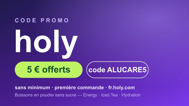 Code promo Holy : 5€ offerts avec le code ALUCARE5, sans minimum sur la première commande de boissons en poudre sans sucre (Energy, Iced Tea, Hydration) de la marque berlinoise Holy