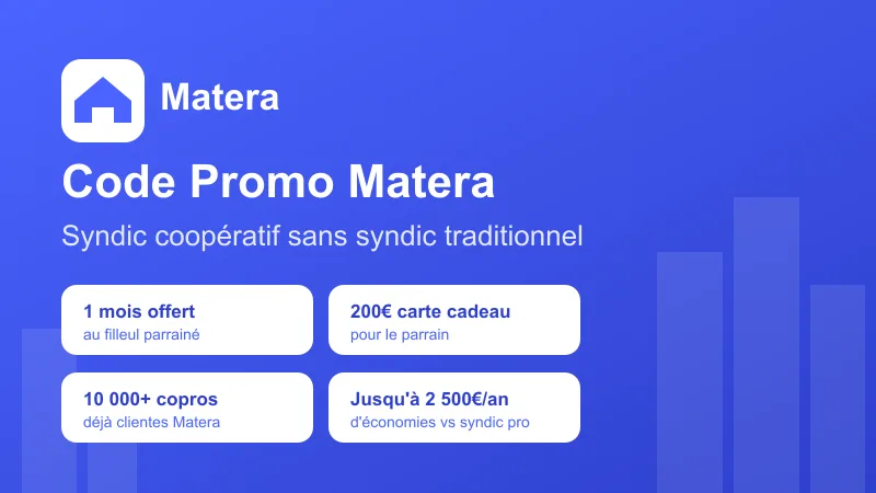 Matera copropriété : 1 mois offert au filleul, 200€ carte cadeau au parrain, 10 000+ copropriétés clientes, jusqu'à 2 500€/an d'économies vs syndic pro