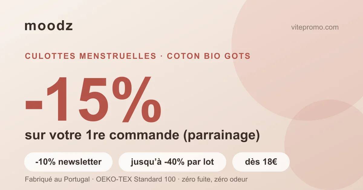 Code promo Moodz : -15 % sur la première commande de culottes menstruelles en coton bio GOTS via le parrainage MoodzGang, -10 % avec la newsletter et jusqu'à -40 % par lot