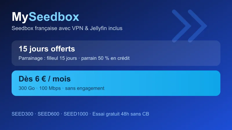 My Seedbox : 15 jours offerts via le parrainage (50% de crédit pour le parrain), formules dès 6€/mois avec VPN et Jellyfin inclus