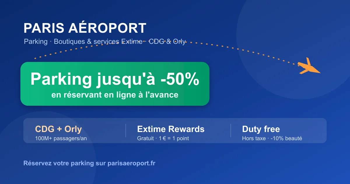 Infographie Paris Aéroport : parking CDG et Orly jusqu'à -50% en réservant en ligne, programme de fidélité Extime Rewards gratuit (1€ = 1 point) et boutiques duty free hors taxe