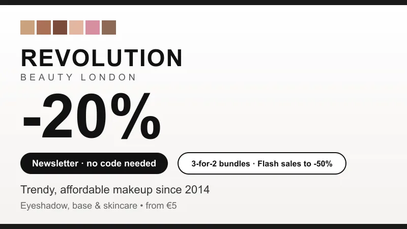 Revolution Beauty: -20% newsletter welcome, 3-for-2 bundles and flash sales up to -50%