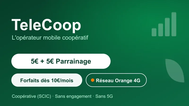 Code promo TeleCoop : parrainage 5€ + 5€, forfaits dès 10€/mois, réseau Orange 4G