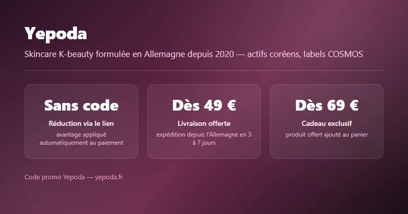 Code promo Yepoda : la réduction s'obtient via le lien de l'offre, sans code à saisir, livraison offerte dès 49€ et cadeau dès 69€, marque allemande de skincare K-beauty