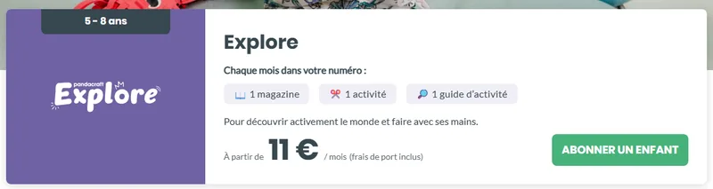 Abonnement Pandacraft Explore 5-8 ans à partir de 11€/mois frais de port inclus, avec magazine, activité et guide chaque mois