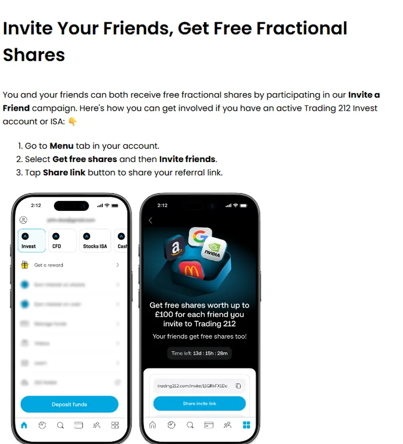 Programme Invite Your Friends Trading 212 : actions gratuites jusqu'à 100€ pour le parrain et le filleul