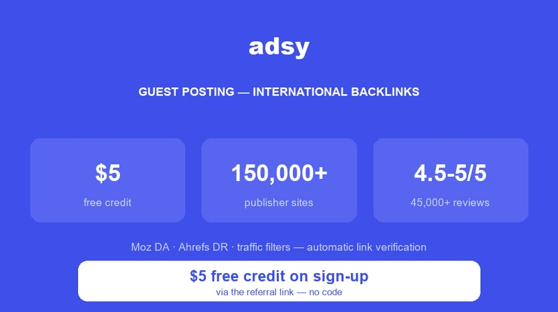 Adsy, international guest-posting marketplace: $5 free credit on sign-up via the community link, 150,000+ publisher sites, Moz DA / Ahrefs DR filters, rated 4.5-5/5