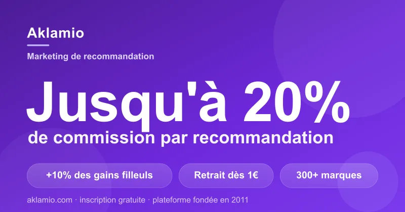 Carte Aklamio : jusqu'à 20 % de commission par recommandation, +10 % des gains des filleuls, retrait dès 1€, 300+ marques partenaires