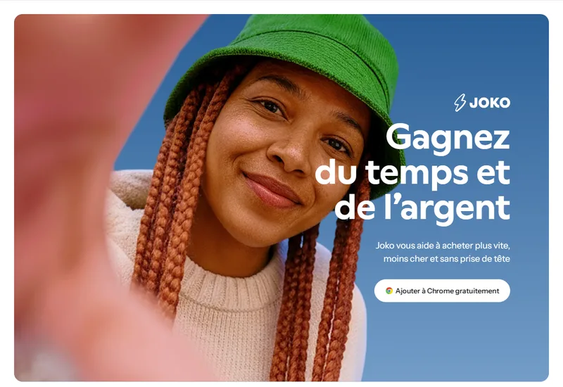 Site officiel de l'application de cashback Joko : « Gagnez du temps et de l'argent », extension Chrome gratuite — 4€ offerts avec le code eonxpc