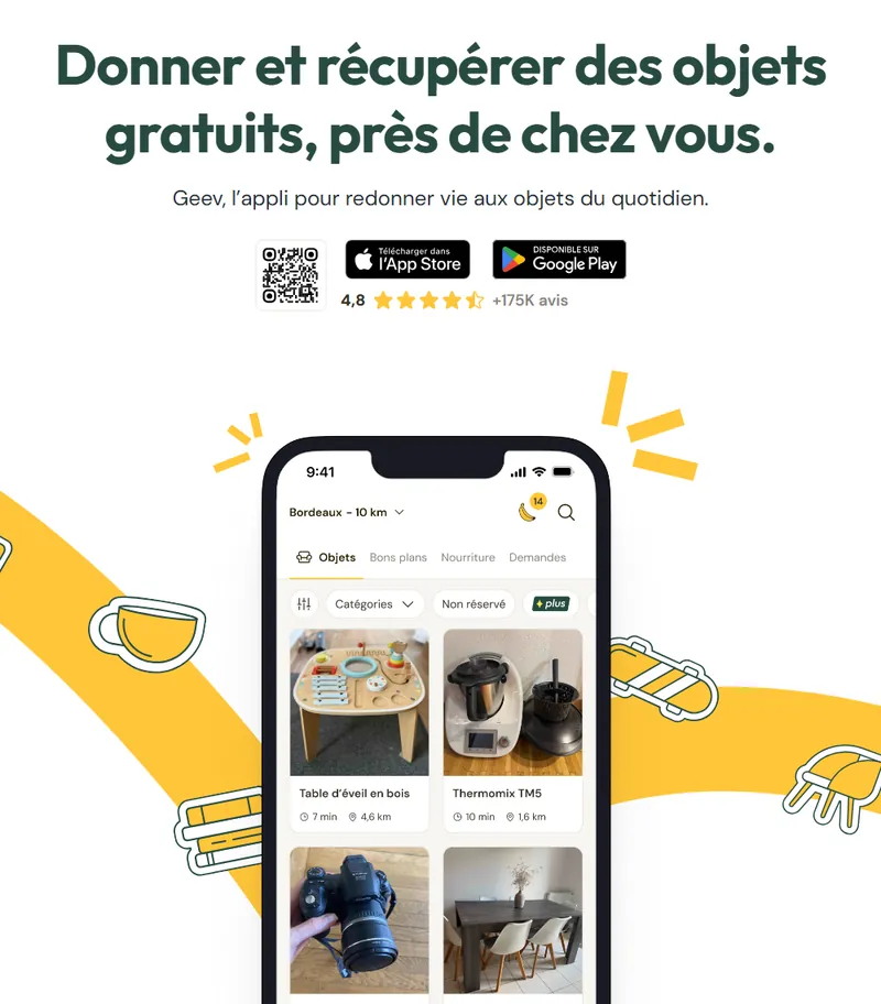 Application Geev : donner et récupérer des objets gratuits près de chez soi, notée 4,8/5