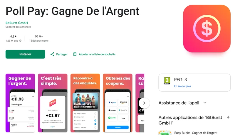 Poll Pay sur Google Play : 4,3 étoiles pour 1,28 million d'avis, sondages payés en euros via PayPal