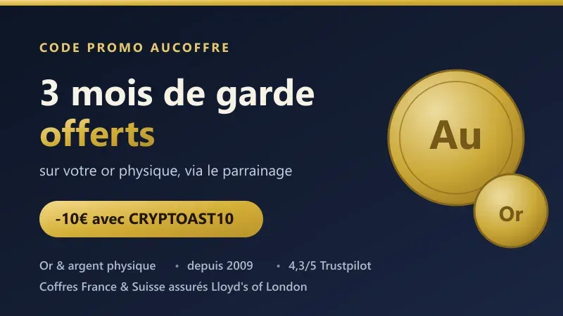 Bannière code promo AuCoffre : 3 mois de garde offerts sur l'or physique et -10€ avec le code CRYPTOAST10