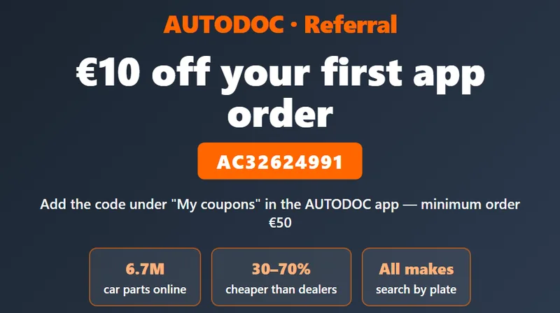 Autodoc referral code AC32624991: €10 off your first app order of €50 or more