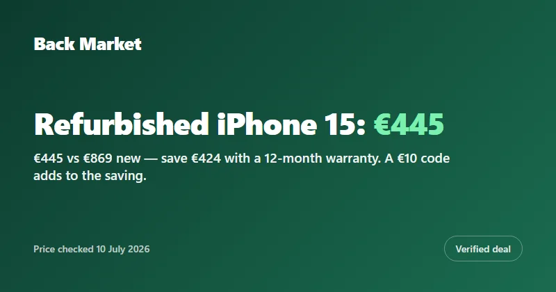 Refurbished iPhone 15 on Back Market: €445 vs €869 new, €424 saved — 12-month warranty