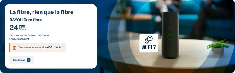 B&You Pure fibre Bouygues Telecom à 24,99€/mois sans engagement, frais de mise en service 48€ offerts