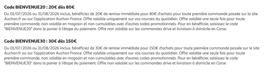 Codes promo Auchan Drive : jusqu'à 30€ de réduction sur la première commande avec BIENVENUE30 dès 150€ et BIENVENUE20 dès 80€