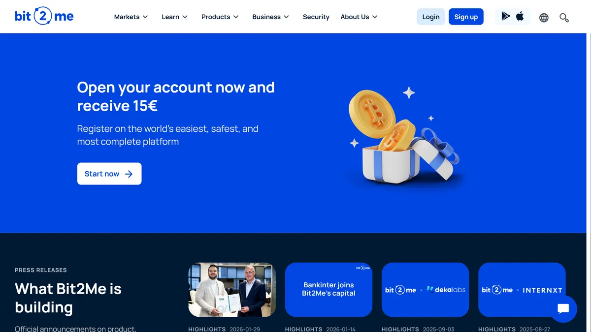 Official Bit2Me homepage banner: Open your account now and receive 15€ as a welcome gift in Bitcoin