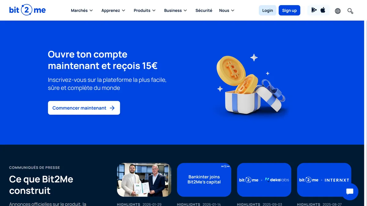 Bandeau officiel de la home Bit2Me : Ouvre ton compte maintenant et reçois 15€, avec un cadeau de bienvenue en Bitcoin