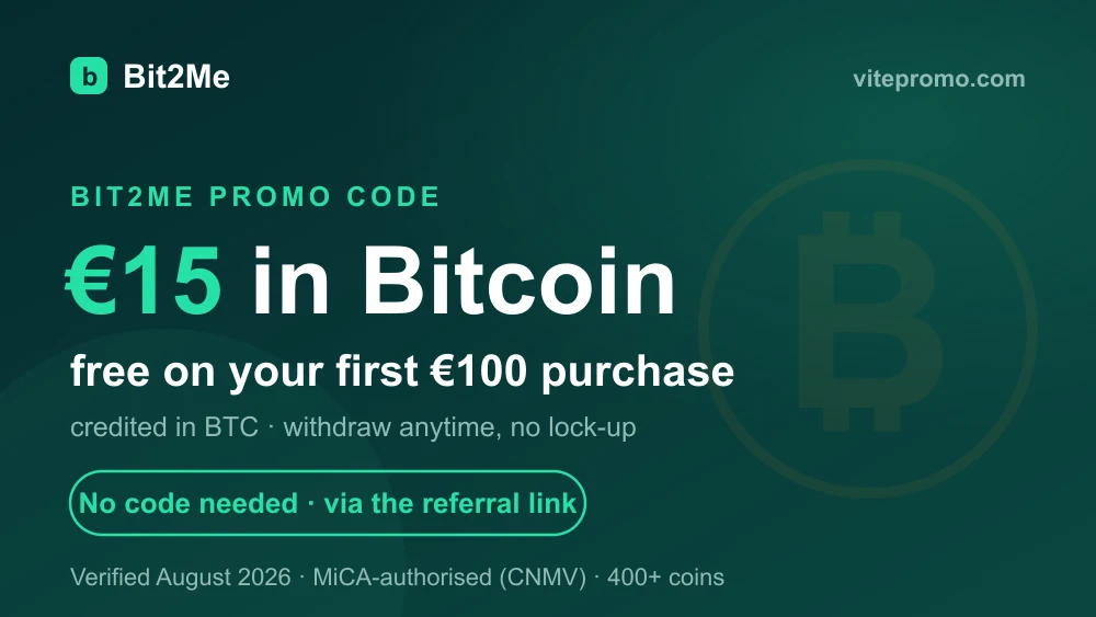 Bit2Me promo card: €15 in Bitcoin free on your first €100 purchase, no code, via the referral link