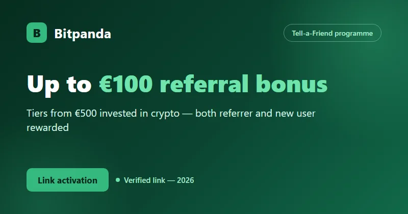 Bitpanda Tell-a-Friend referral: up to €100 bonus in tiers from €500 invested in crypto, both referrer and new user rewarded