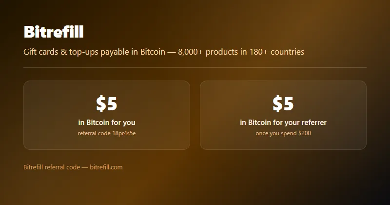 Bitrefill referral code: $5 in Bitcoin for you and your referrer once you spend $200