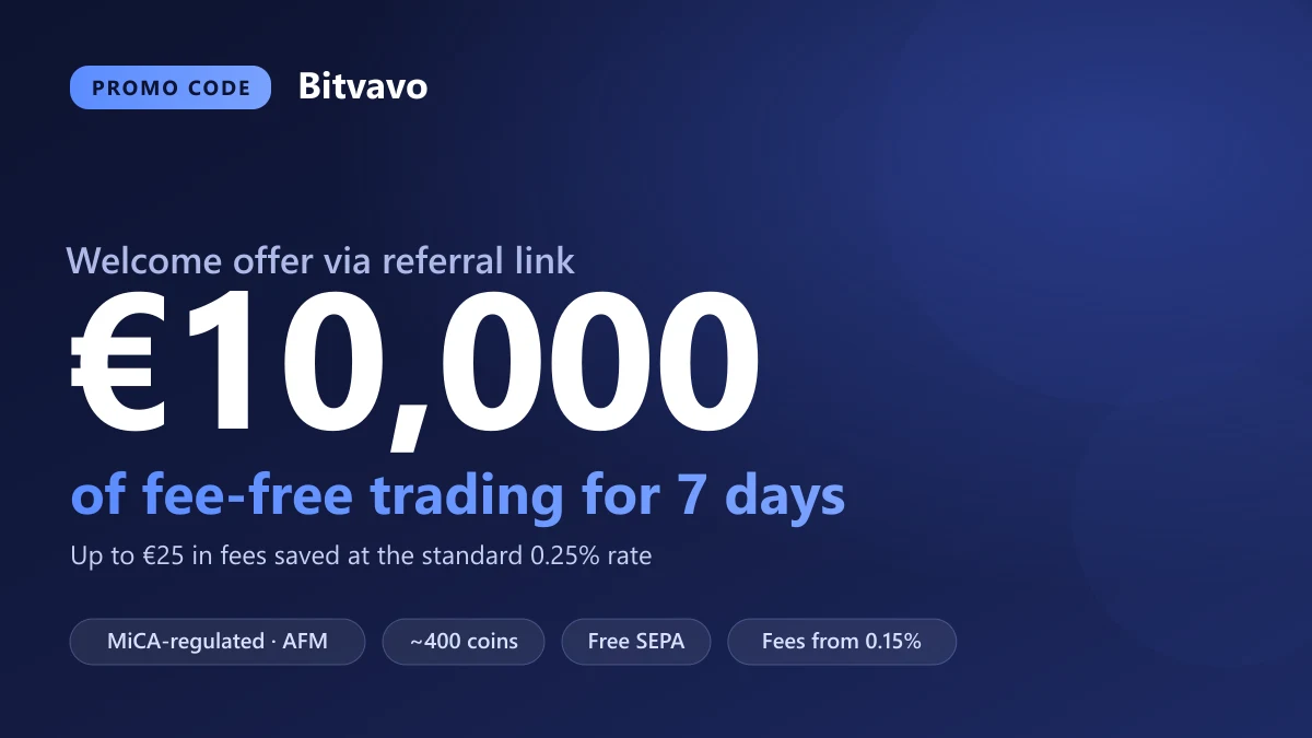 Bitvavo promo card: €10,000 of fee-free trading for 7 days via referral link