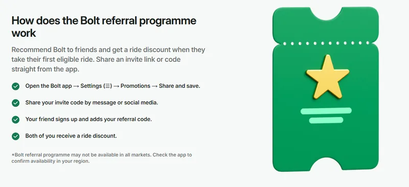 Bolt referral programme: share your invite code and both of you receive a ride discount