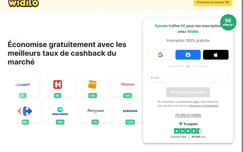 Page d'invitation Widilo : 5€ offerts pour votre inscription via le code parrainage SYLVJA, inscription 100% gratuite, noté Excellent 4,4 sur Trustpilot