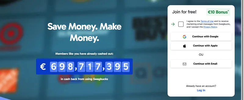 Bonus d'inscription Swagbucks de 10 euros (1000 SB) affiché sur le site officiel avec le compteur de gains reversés
