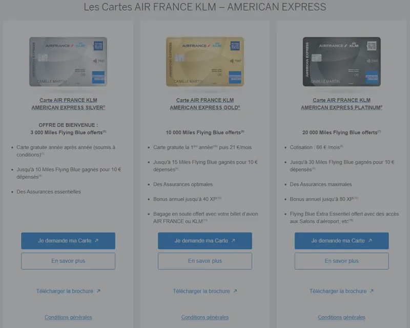 Cartes Air France KLM American Express Silver, Gold et Platinum : 3 000, 10 000 et 20 000 Miles Flying Blue offerts
