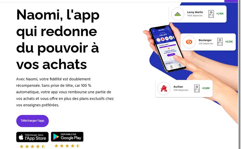 Application cashback automatique Naomi remboursements Leroy Merlin Boulanger Auchan