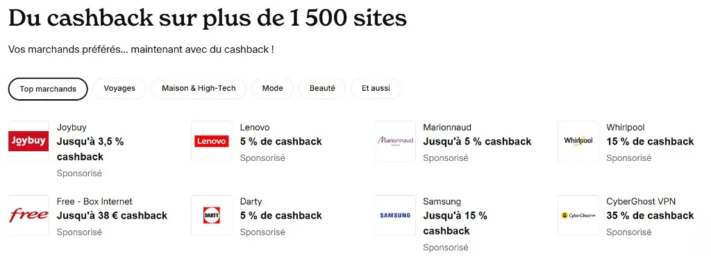 Cashback iGraal sur plus de 1500 marchands partenaires en ligne
