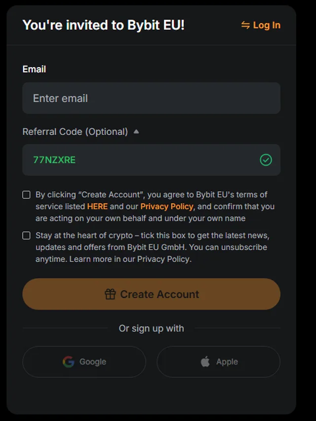 Champ code parrainage Bybit 77NZXRE prérempli à l'inscription sur bybit.eu