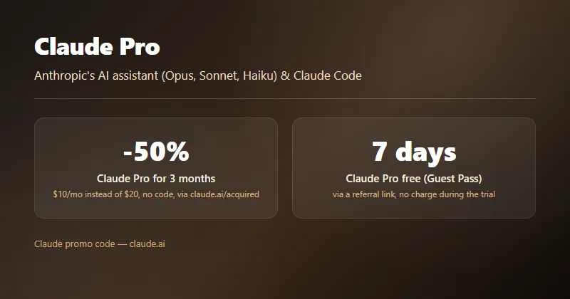 -50% off Claude Pro for 3 months: $10/mo instead of $20, no code, via the official claude.ai/acquired link