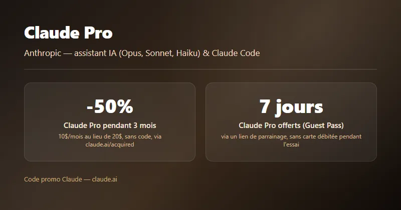 -50% sur Claude Pro pendant 3 mois : 10$/mois au lieu de 20$, sans code, via le lien officiel claude.ai/acquired