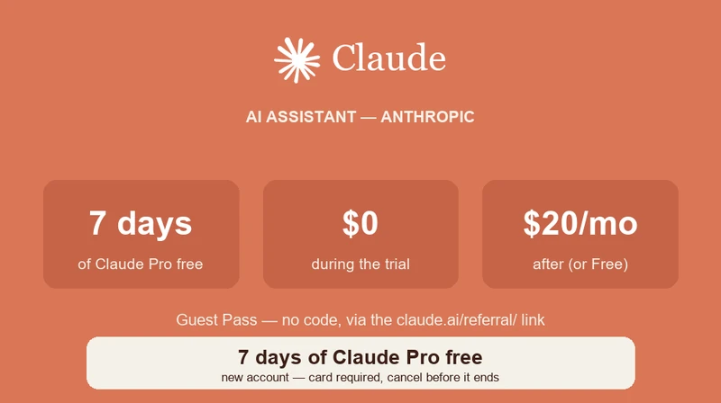 Claude Guest Pass: 7 days of Claude Pro free for a new account, $0 during the trial then $20/mo — no code, via the claude.ai/referral/ link