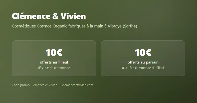 Code promo Clémence et Vivien : parrainage 10€ pour le filleul et 10€ pour le parrain