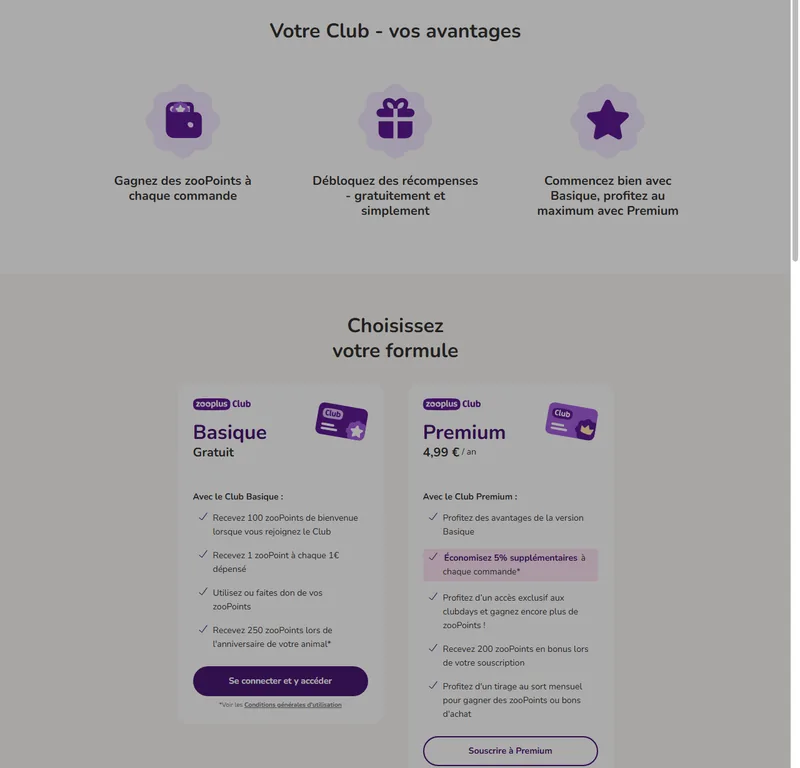 Zooplus Club : zooPoints à chaque commande, formule Basique gratuite (100 points de bienvenue) et Premium à 4,99€/an avec -5% sur chaque commande