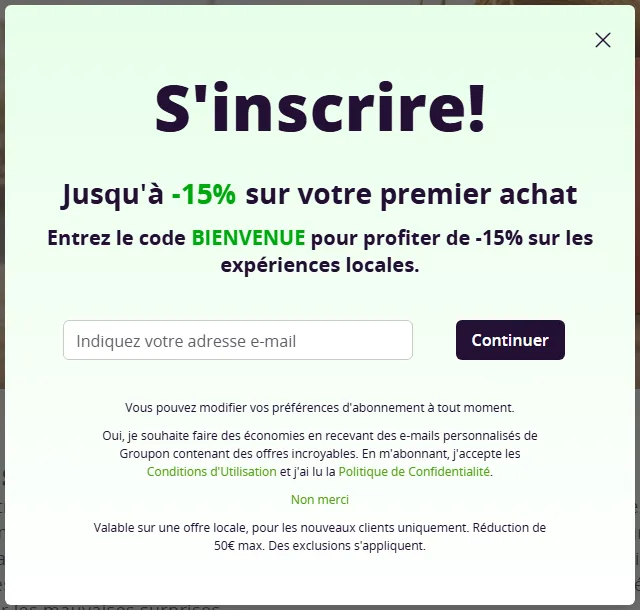 Code promo Groupon BIENVENUE : jusqu'à -15% sur le premier achat d'expériences locales, réduction max 50€