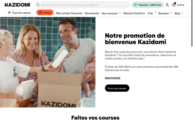 Page officielle Kazidomi : code promo BIENVENUE, 10€ offerts sur la première commande dès 49€ d'achat, abonnement K+ à 4,90€/mois