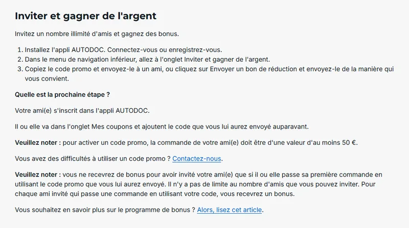 Programme de parrainage Autodoc « Inviter et gagner de l'argent » : code promo à partager, commande minimum 50€