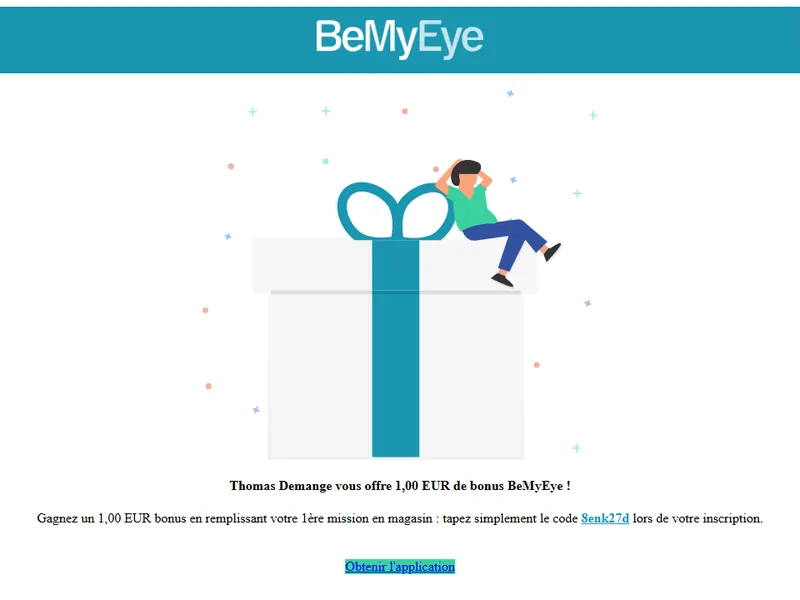 Page d'invitation officielle BeMyEye : 1,00 EUR de bonus avec le code parrainage 8enk27d après la première mission en magasin
