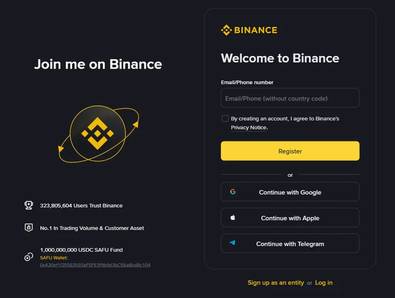 Inscription Binance via le lien de parrainage : code ABSE87ET appliqué automatiquement pour -20% à vie sur les frais