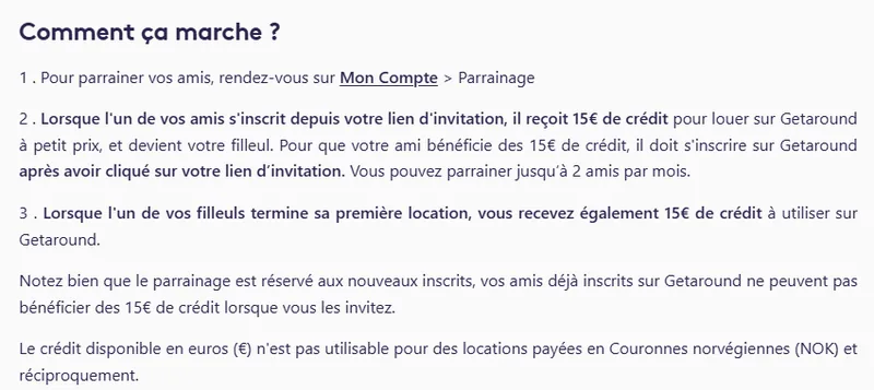 Page d'aide officielle Getaround : 15€ de crédit pour le filleul à l'inscription, 15€ pour le parrain après la première location, jusqu'à 2 filleuls par mois