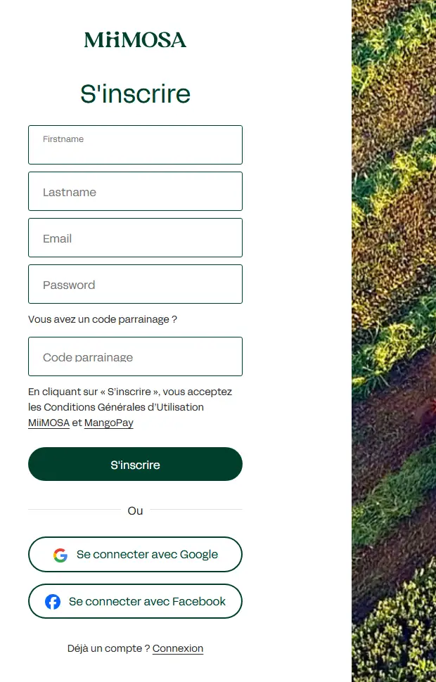 Formulaire d'inscription Miimosa avec le champ « Code parrainage » qui active les 25€ offerts sur le premier prêt