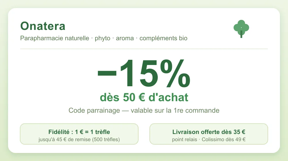 Code parrainage Onatera : 15 % de réduction dès 50 € d'achat sur la première commande, programme de fidélité trèfles (1 € = 1 trèfle, jusqu'à 45 € de remise) et livraison offerte dès 35 €