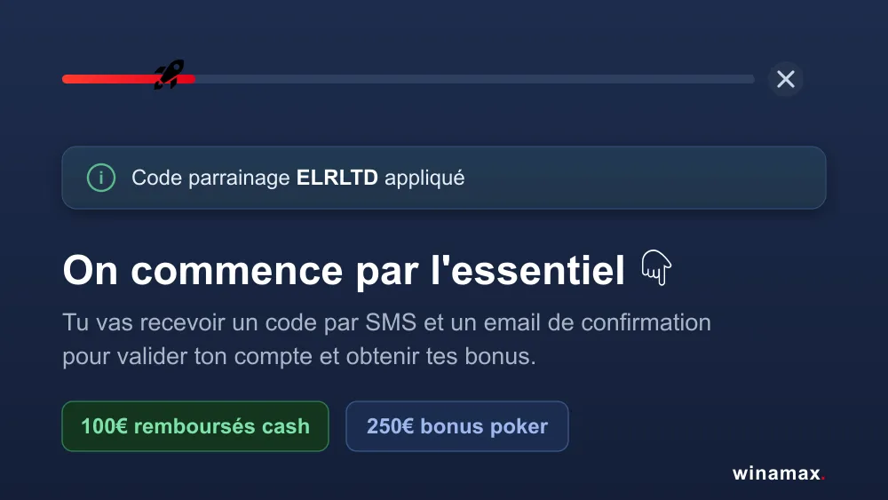 Inscription Winamax : code parrainage ELRLTD appliqué, 100€ remboursés en cash et 250€ de bonus poker