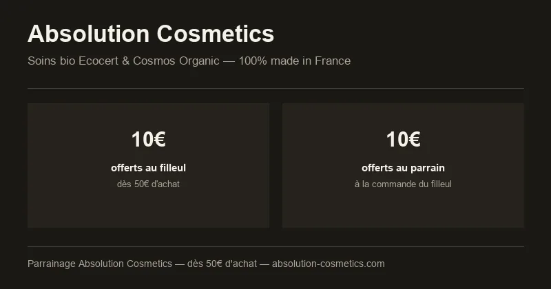 Parrainage Absolution Cosmetics : 10€ offerts au filleul dès 50€ d'achat, 10€ offerts au parrain, soins bio Ecocert et Cosmos Organic made in France
