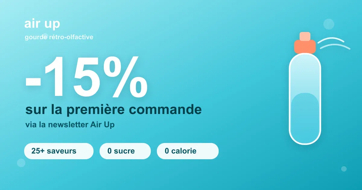Code promo Air Up : -15% sur la première commande via la newsletter, sur la gourde rétro-olfactive qui aromatise l'eau pure (25+ saveurs sans sucre)